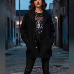 Pado 80's Vintage Embroidered Drop Shoulder Black Denim Women's Jacket Sz Large